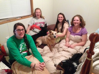 My bridesmaids and I in my bedroom, plus some dogs...